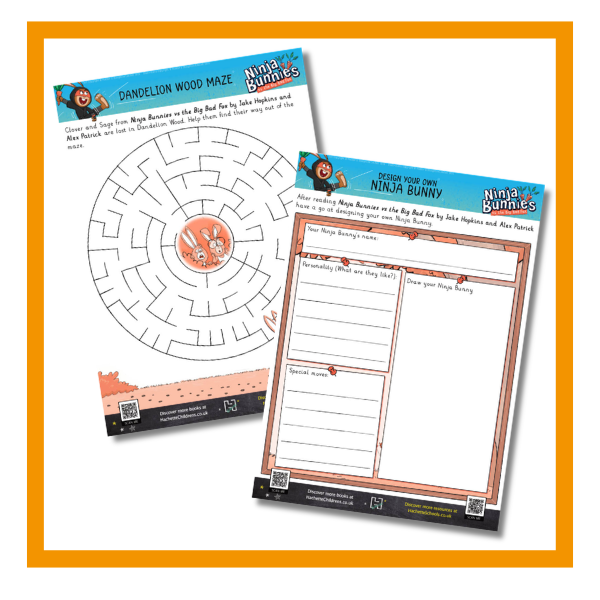Ninja Bunnies activity sheets on a white background with orange details