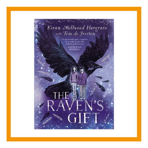 The Raven Gift's book cover on a white background with orange details