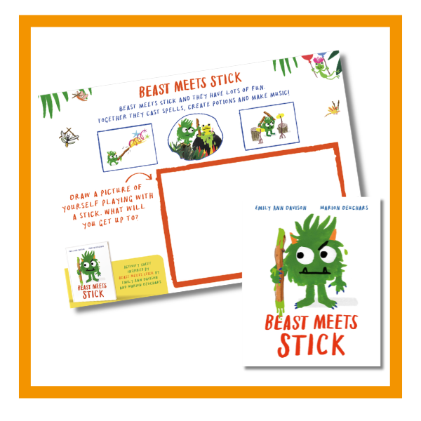 Beast Meets Stick activity sheet with an orange border