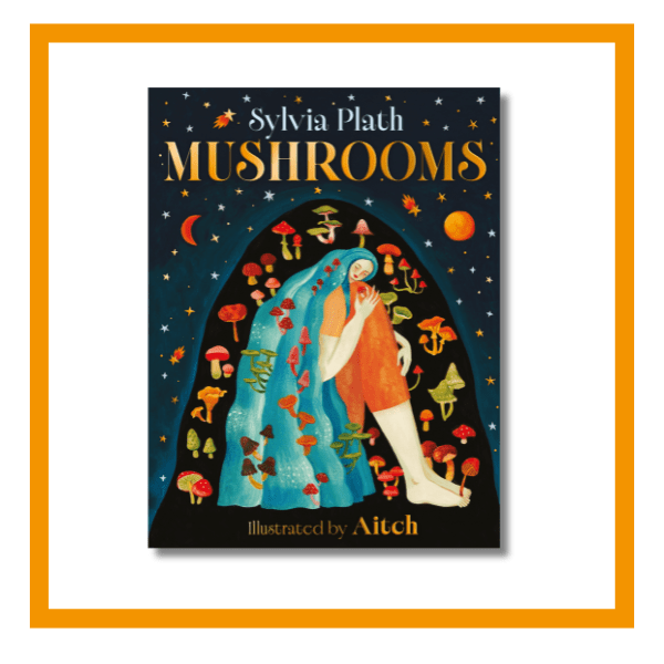 Mushrooms book cover as holding image on white background with orange details